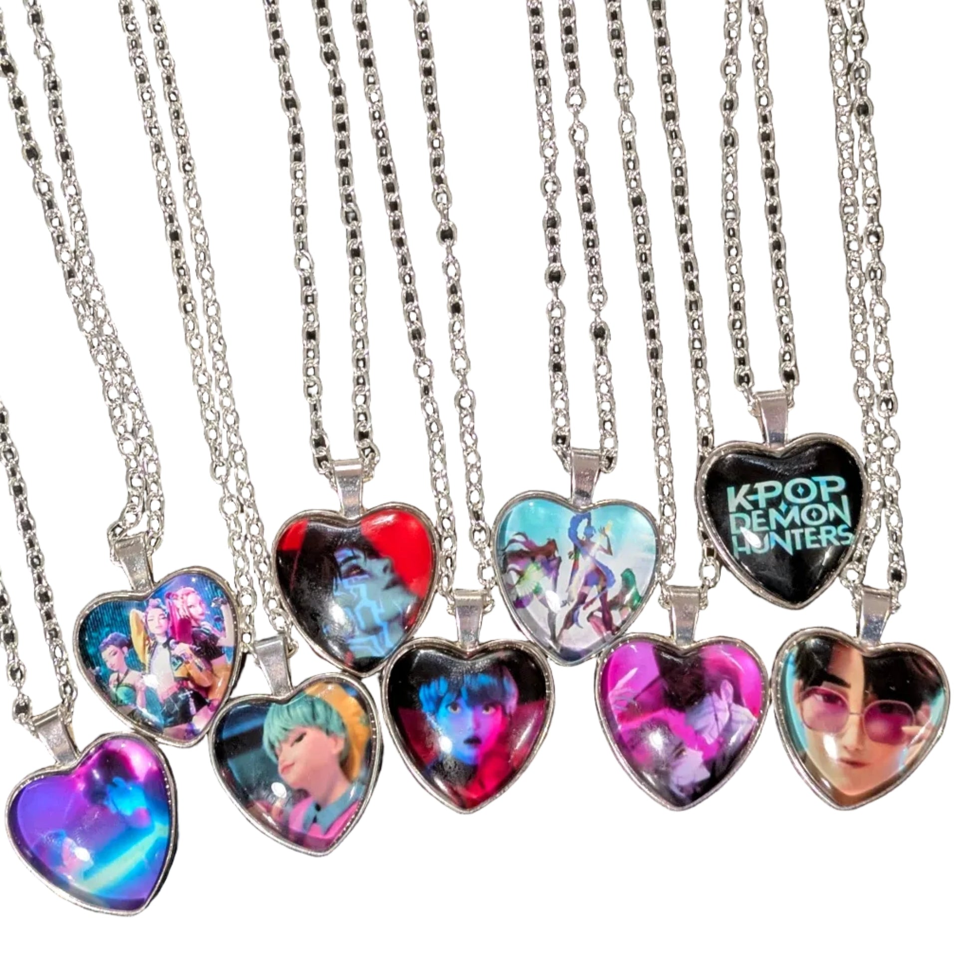 K-POP Demon Hunters Heart Pendant Necklace featuring character art from Ralphie's Funhouse, with detailed demon hunter design.