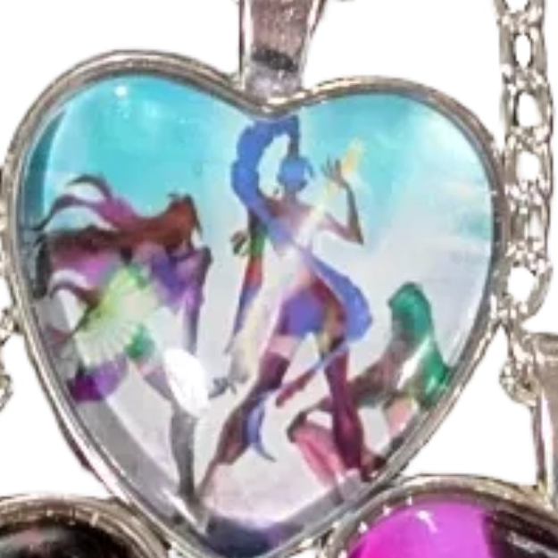 K-POP Demon Hunters Heart Pendant Necklace featuring character art of Jinu and Rumi from Ralphie's Funhouse collection.