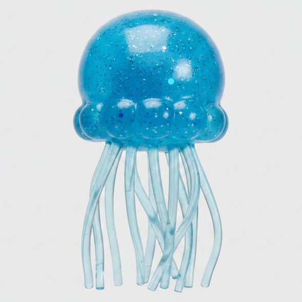 Blue Wannabe Jellysquish Jellyfish sensory toy by Ralphie's Funhouse, soft water squish jellyfish for tactile play.