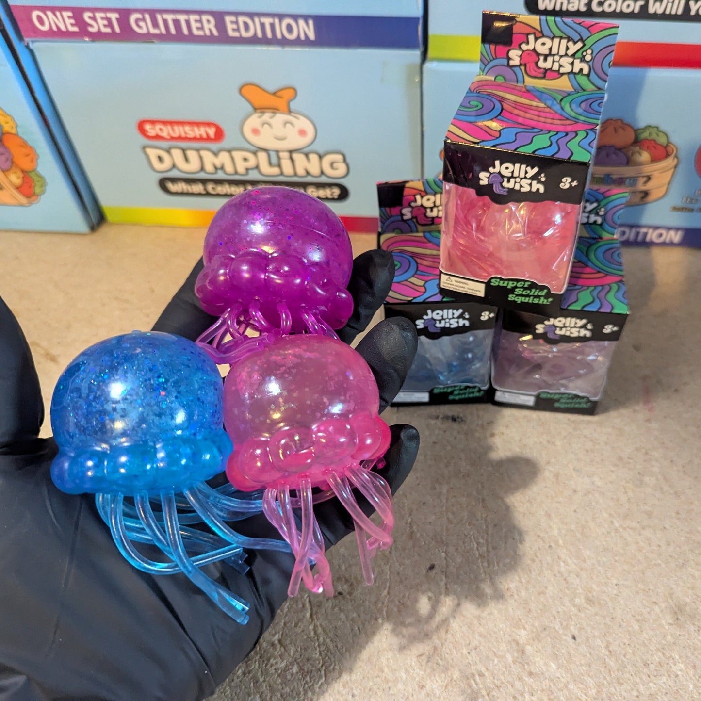 Set of three Ralphie's Funhouse Jellysquish jellyfish water squish toys, colorful sensory and stress-relief jellyfish figures