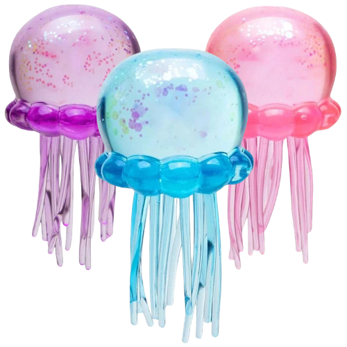 Set of three Ralphie's Funhouse Goro Play Jellyfish Jelly Squish toys, slow-rise stress relievers for sensory relaxation.