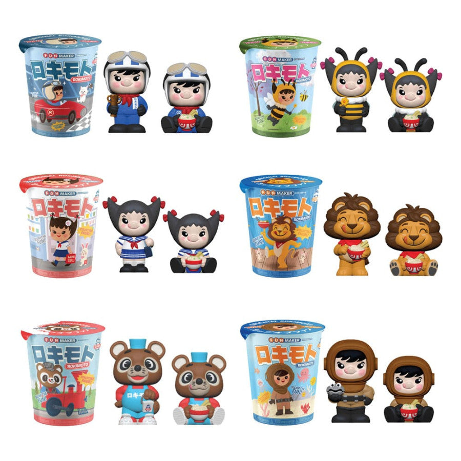 Set of 6 Funmaker Inc. ROKIMOTO Series 2 figures from Ralphie's Funhouse, featuring a 1 in 4 chance at SLURPRISE!