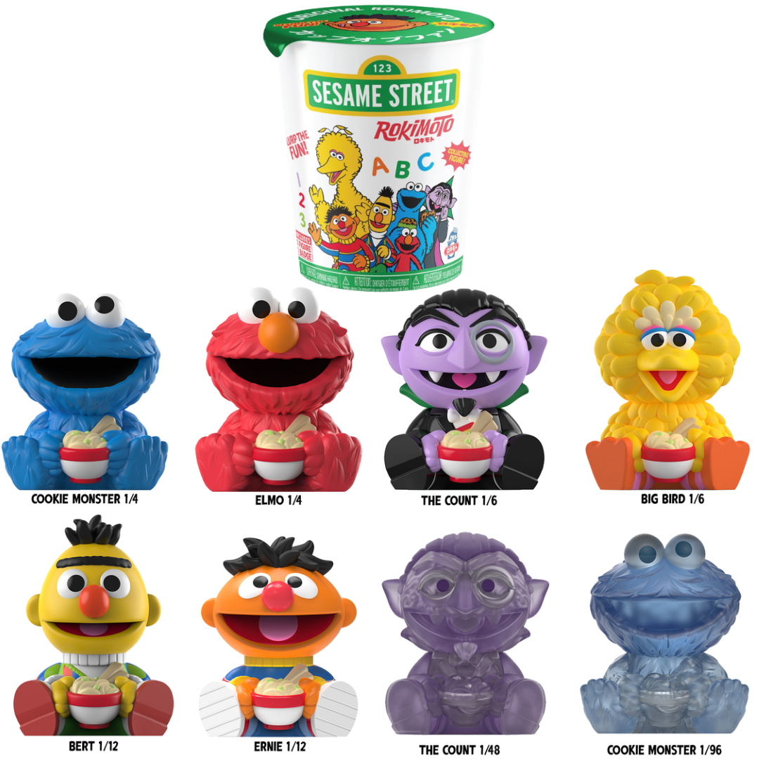 Sealed Funmaker Inc. ROKIMOTO x Sesame Street Series One blind cup in packaging, featuring colorful Sesame Street characters.