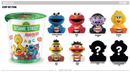Sealed Funmaker Inc. ROKIMOTO x Sesame Street Series One blind cup by Ralphie's Funhouse, featuring colorful Sesame Street character illustrations.