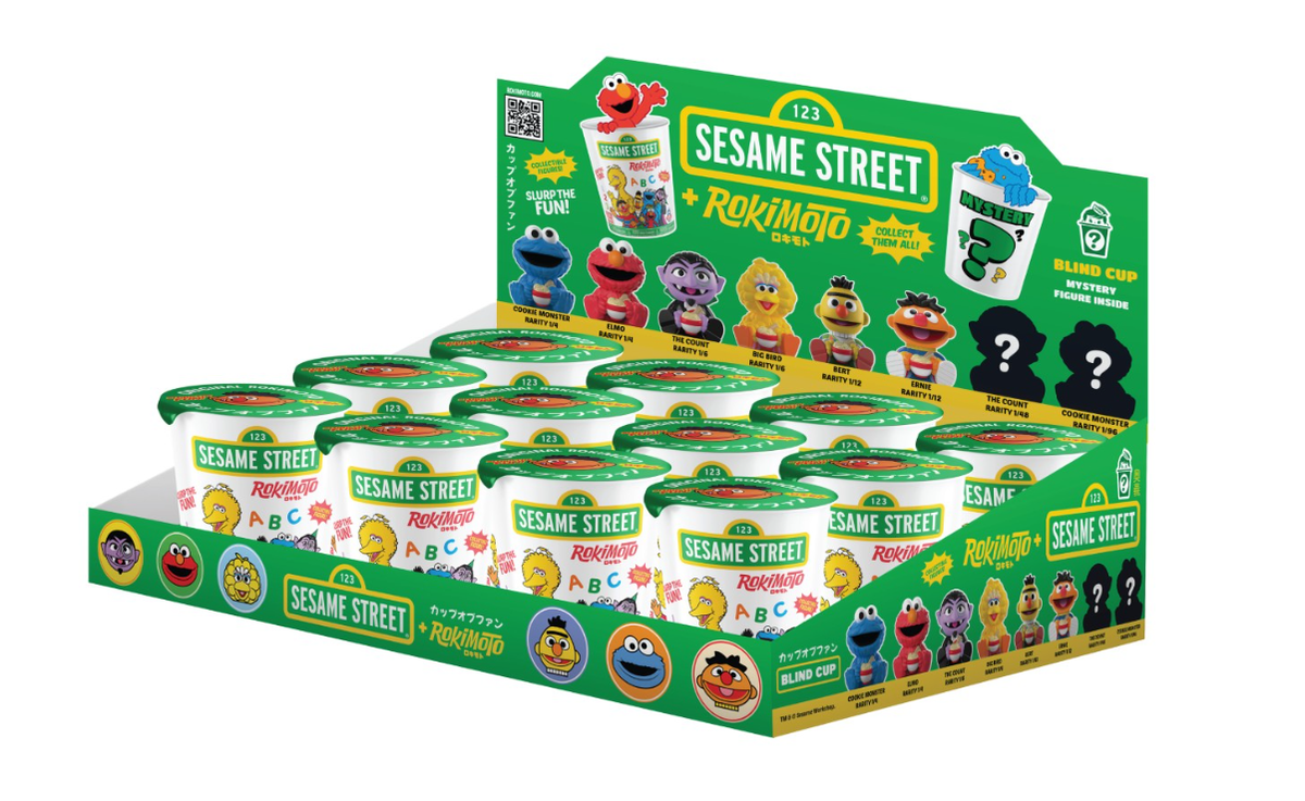 Sealed Funmaker Inc. ROKIMOTO x Sesame Street Series One blind cup by Ralphie's Funhouse, featuring colorful Sesame Street characters.