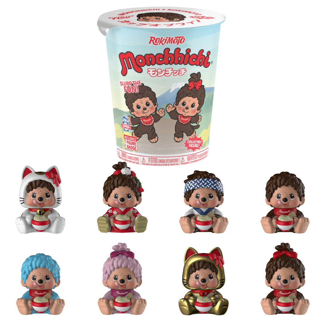 Sealed Funmaker Inc. ROKIMOTO x Monchhichi Series #1 collectible toy in a blind cup from Ralphie's Funhouse, arriving Summer 2026.