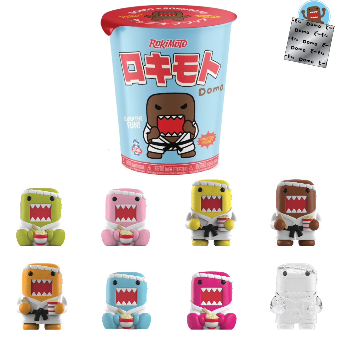 Ralphie's Funhouse Funmaker Inc. ROKIMOTO x DOMO Series One blind cup sealed in packaging, featuring cartoon character design.