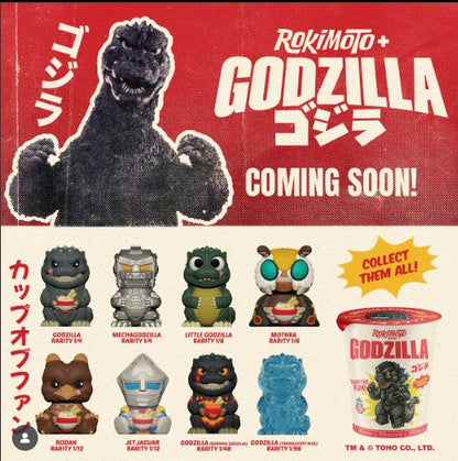 Sealed Ralphie's Funhouse ROKIMOTO x Godzilla blind cup featuring colorful Godzilla design, in-stock collectible cup.