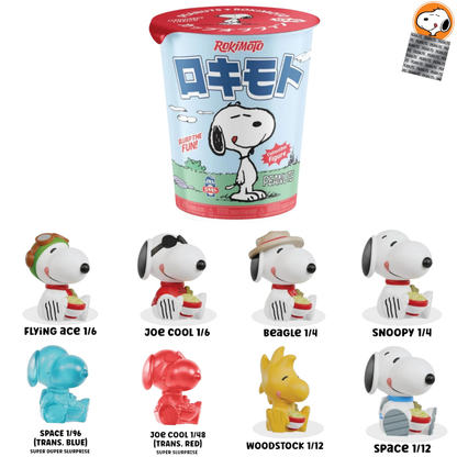Sealed Ralphie's Funhouse ROKIMOTO x Peanuts Blind Cup collectible featuring Peanuts characters in a colorful design.