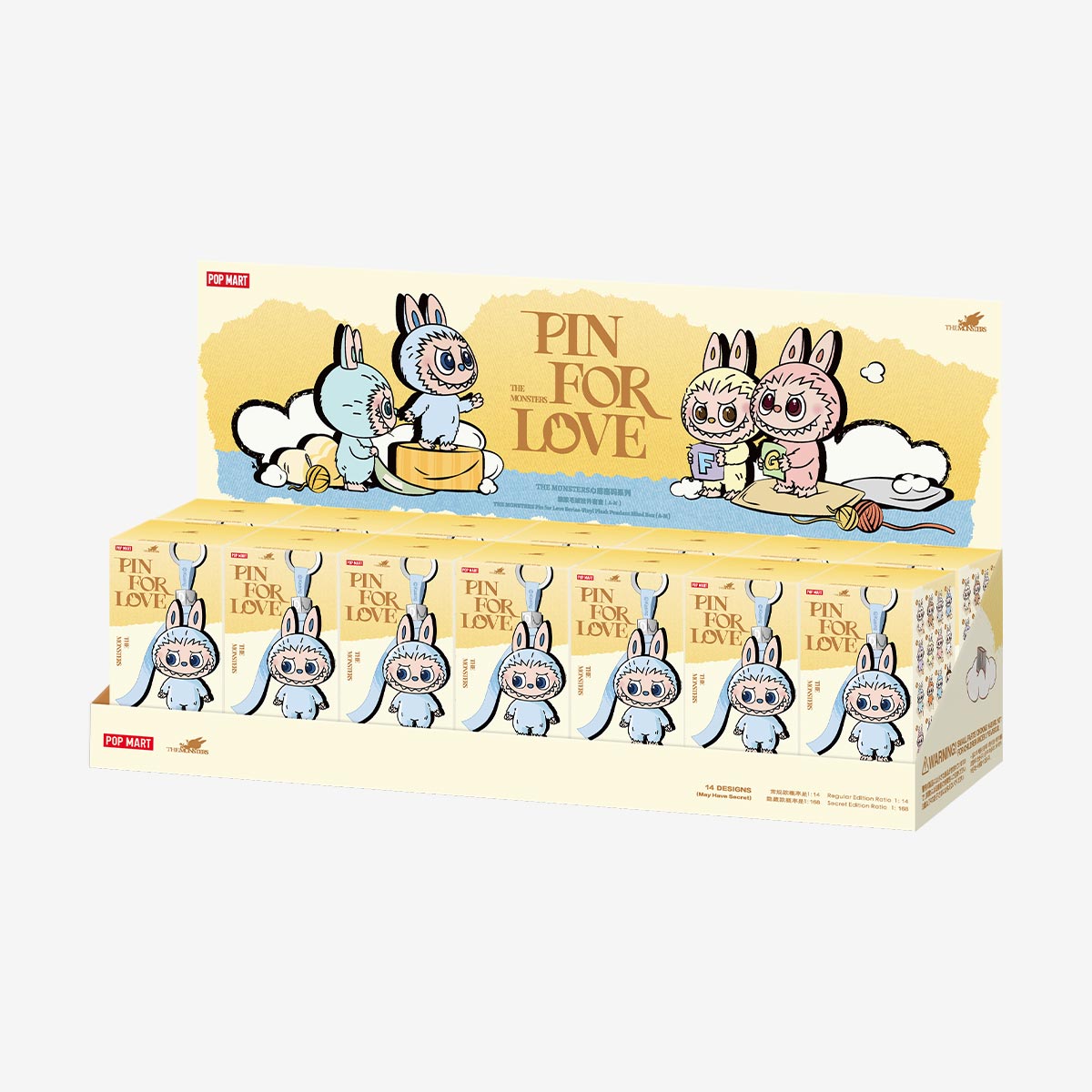Ralphie's Funhouse Popmart Labubu Pin for Love with letter options, sealed blind box collectible in stock, featuring colorful character design.