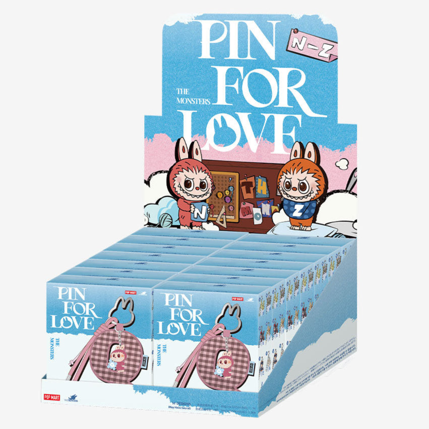 Popmart Pin for Love Series letter pendant blind box by Ralphie's Funhouse, sealed box featuring a single letter pendant.