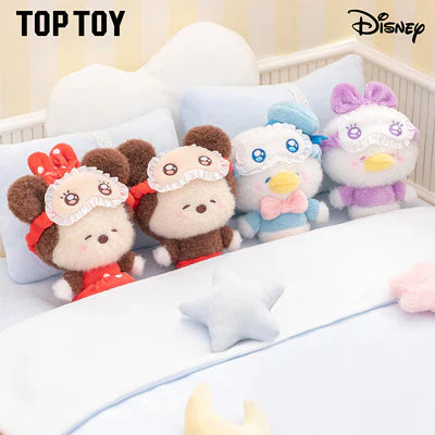Sealed Miniso Disney Squinting Sleepwear Series plush keychain in a gift blind box, featuring colorful Disney character plush toy.