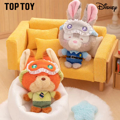 Sealed blind box of MINISO Disney Squinting Sleepwear Series plush keychains by Ralphie's Funhouse, featuring colorful Disney character designs.