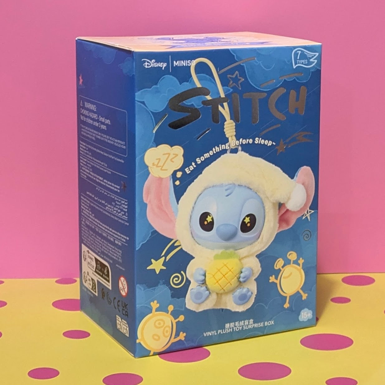 MiniSo Stitch plush keychain from Ralphie's Funhouse, featuring Stitch eating before sleep in a sealed blind box.