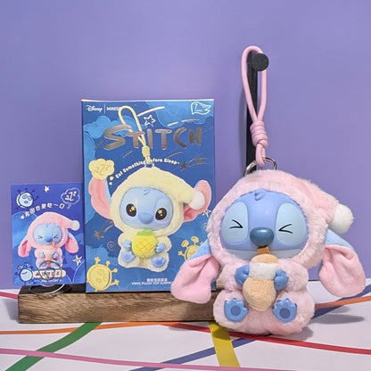 In stock Miniso Stitch plush keychain from Ralphie's Funhouse, depicting Stitch eating before sleep inside sealed blind box.