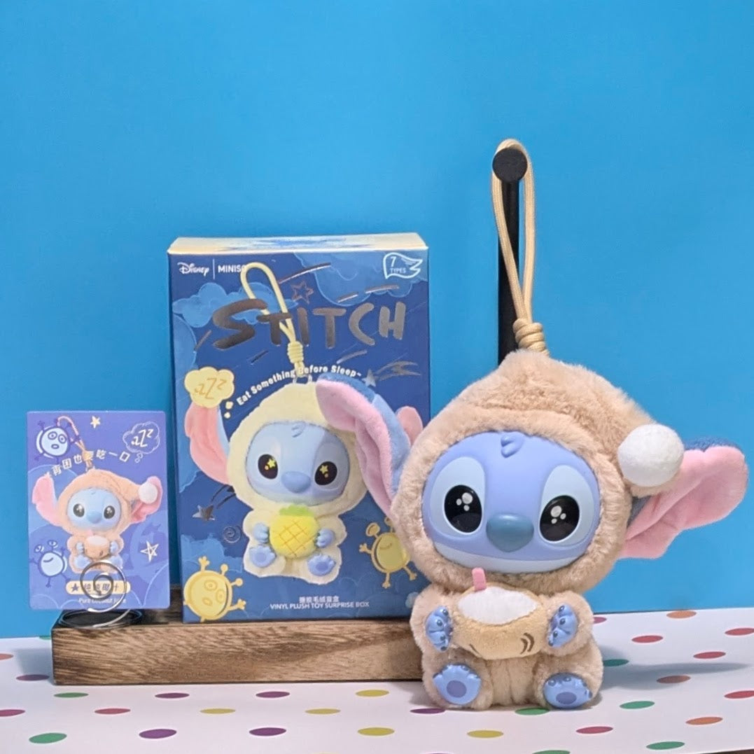 Sealed blind box featuring a Ralphie's Funhouse Stitch plush keychain from Miniso, with "Eat Something Before Sleep" design.