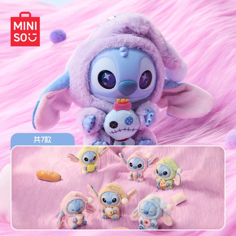 Sealed blind box featuring a Stitch plush keychain from Miniso, with "Eat Something Before Sleep" design by Ralphie's Funhouse.