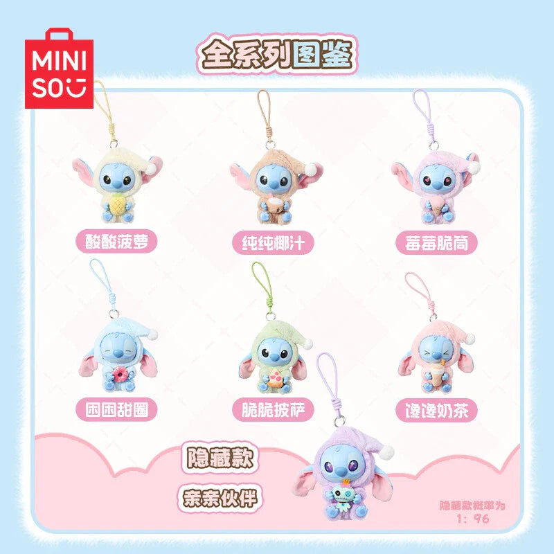 Sealed blind box featuring Ralphie's Funhouse Stitch plush keychain from Miniso, depicting Stitch eating before sleep.