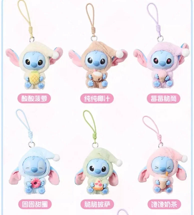 In-stock Ralphie's Funhouse Stitch plush keychain from Miniso, featuring Stitch eating before sleep, in sealed blind box.
