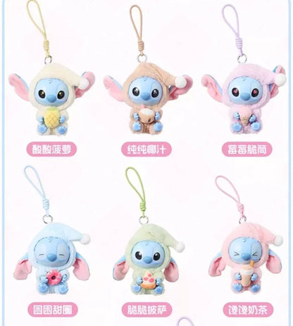 In-stock Ralphie's Funhouse Stitch plush keychain from Miniso, featuring Stitch eating before sleep, in sealed blind box.