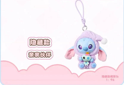 Miniso Stitch plush keychain from Ralphie's Funhouse, featuring Stitch eating before sleep in a sealed blind box.