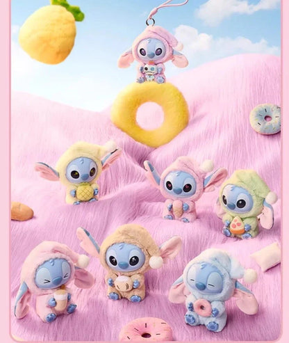 Sealed blind box featuring a Ralphie's Funhouse Stitch plush keychain from Miniso, depicting Stitch eating before sleep.