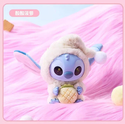 Miniso Stitch plush keychain from Ralphie's Funhouse blind box, featuring Stitch eating before sleep, in sealed packaging.