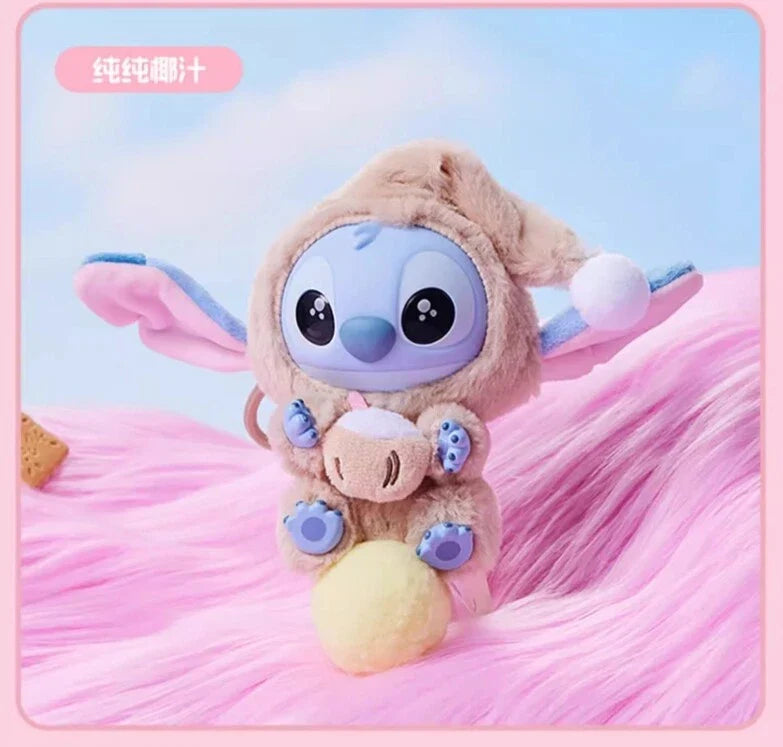Miniso Stitch plush keychain from Ralphie's Funhouse, featuring the "Eat Something Before Sleep" design in a sealed blind box.
