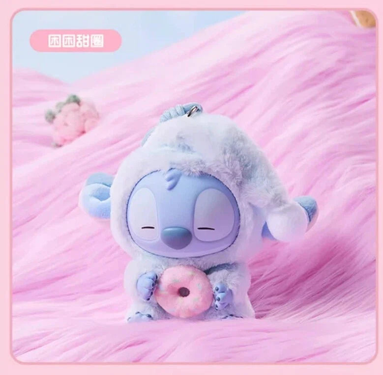 Sealed blind box featuring a Stitch plush keychain from Miniso, part of Ralphie's Funhouse collection, with Sleep-themed design.