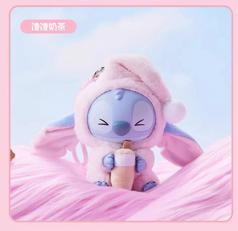 In-stock Ralphie's Funhouse Stitch plush keychain from Miniso's blind box, featuring Stitch eating before sleep in a cute design.