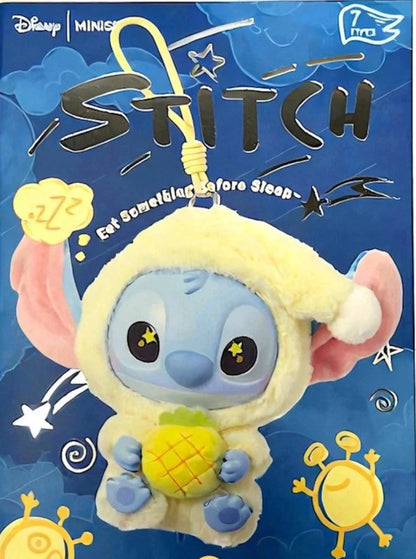 Sealed blind box featuring a Ralphie's Funhouse Stitch plush keychain from Miniso, depicting Stitch eating before sleep.