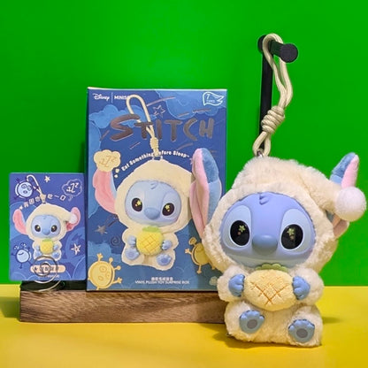 Sealed blind box featuring a Ralphie's Funhouse Stitch plush keychain with "Eat Something Before Sleep" design from Miniso.
