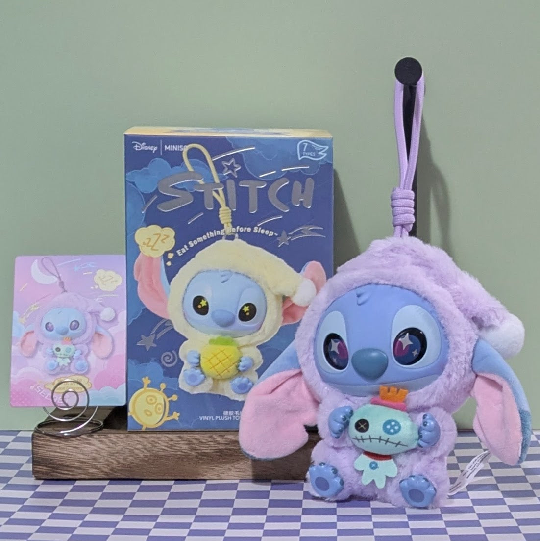 Sealed blind box featuring Ralphie's Funhouse Stitch plush keychain from Miniso, with Stitch eating before sleep design.