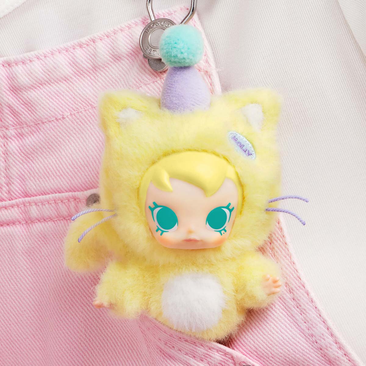 Sealed Popmart Baby Molly Pocket Friends vinyl plush pendant blind box by Ralphie's Funhouse, featuring colorful collectible character.