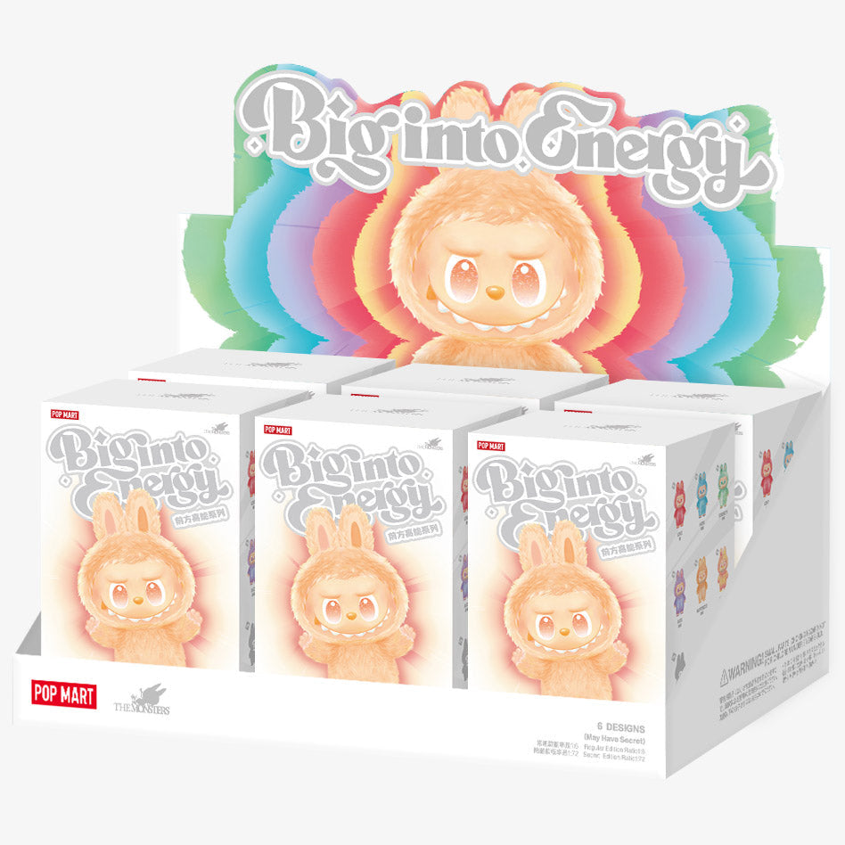 Sealed POPMART Big into Energy vinyl plush pendant blind box featuring Labubu from Ralphie's Funhouse, in stock.