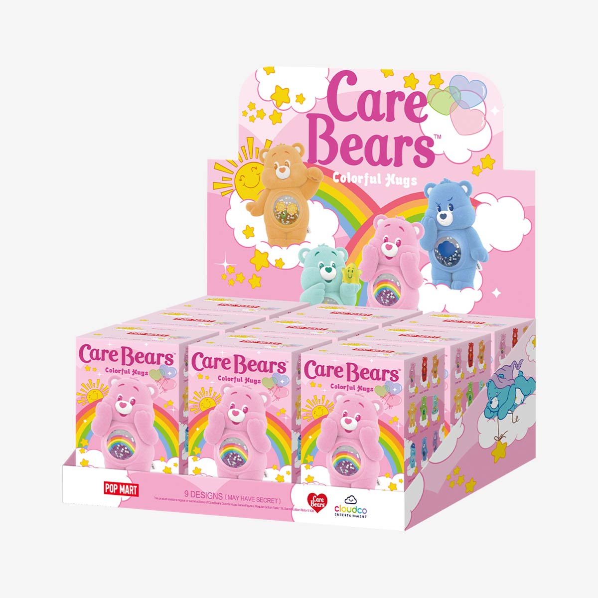 Sealed POPMART Care Bears Colorful Hugs Series figure from Ralphie's Funhouse in a blind box, featuring vibrant Care Bears characters.
