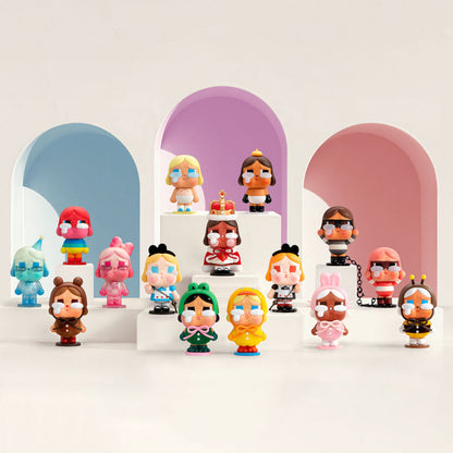 Crying Again Series Crybaby Figures by Popmart in blind box, featuring colorful collectible Crybaby characters in playful poses.