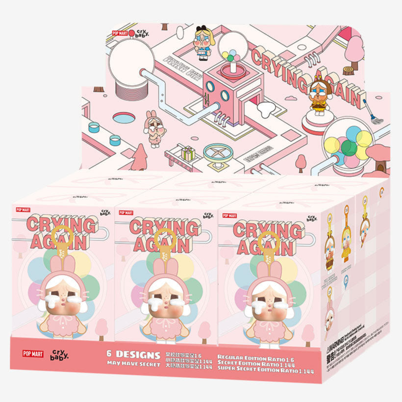 Sealed Ralphie's Funhouse Popmart Crybaby Crying Again Series vinyl face plush blind box showing colorful cartoon character.