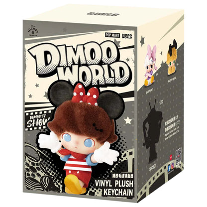 Sealed POPMART DIMOO WORLD Disney vinyl plush keychain blind box with colorful plush character inside, collectible and detailed.