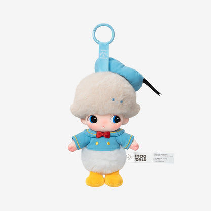 Sealed vinyl plush keychain blind box from POPMART DIMOO WORLD × DISNEY series, featuring Disney character plush details.