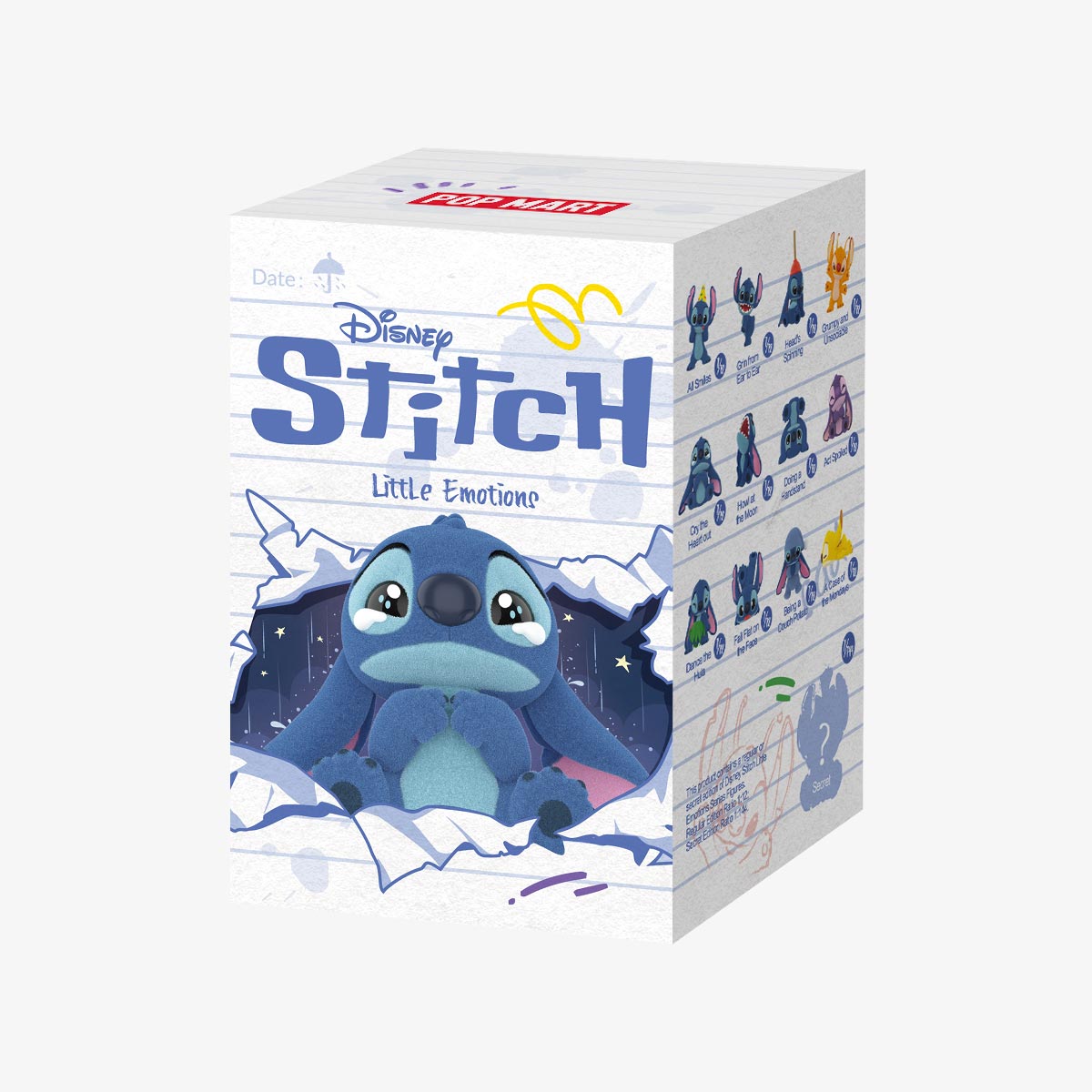 Sealed blind box of POPMART Disney Stitch Little Emotions Series figures by Ralphie's Funhouse, featuring collectible Stitch figures inside.