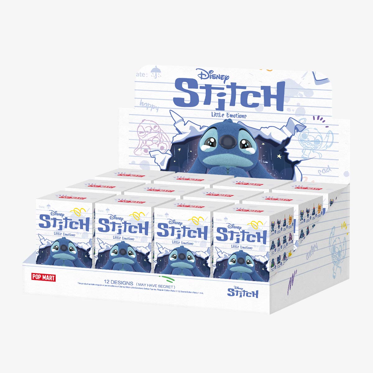 Sealed blind box of POPMART Disney Stitch Little Emotions Series figures by Ralphie's Funhouse, featuring collectible Stitch characters.