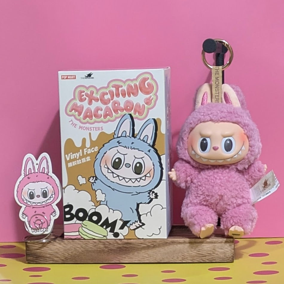 Sealed PopMart Exciting Macaron Vinyl Face Blind Box featuring Labubu character from Ralphie's Funhouse, vibrant and collectible.