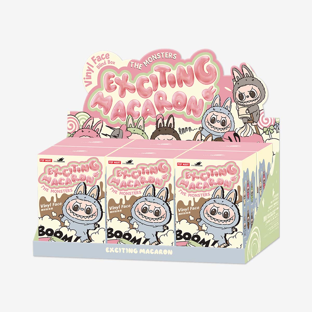 Sealed Popmart Exciting Macaron Vinyl Face Blind Box featuring Labubu character, collectible toy from Ralphie's Funhouse.