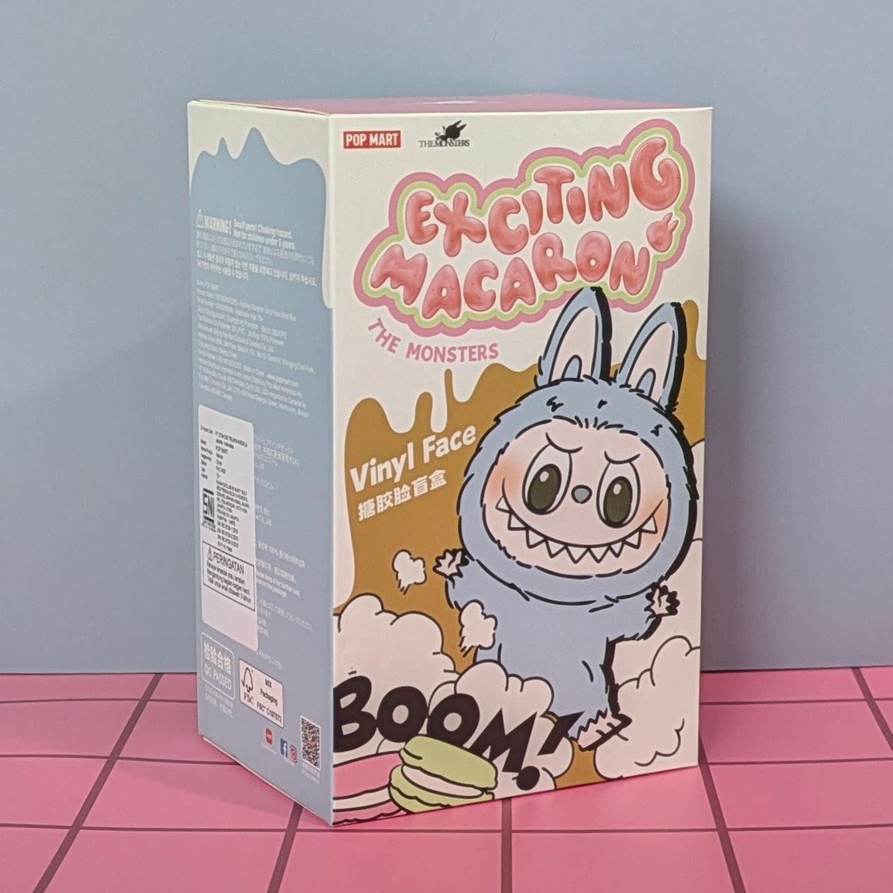 Sealed Popmart Exciting Macaron Vinyl Face Blind Box Labubu by Ralphie's Funhouse showing colorful collectible figure inside.
