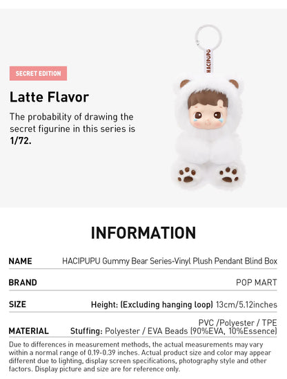 Sealed POPMART HACIPUPU Gummy Bear Series vinyl plush pendant blind box by Ralphie's Funhouse, featuring colorful bear design.