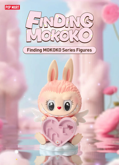 Sealed blind box of POPMART Labubu Finding MOKOKO Series Figures by Ralphie's Funhouse, showing colorful collectible figures inside.