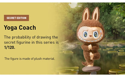 Sealed POPMART Labubu Lazy Yoga Series blind box figure by Ralphie's Funhouse, featuring a colorful plush toy inside.