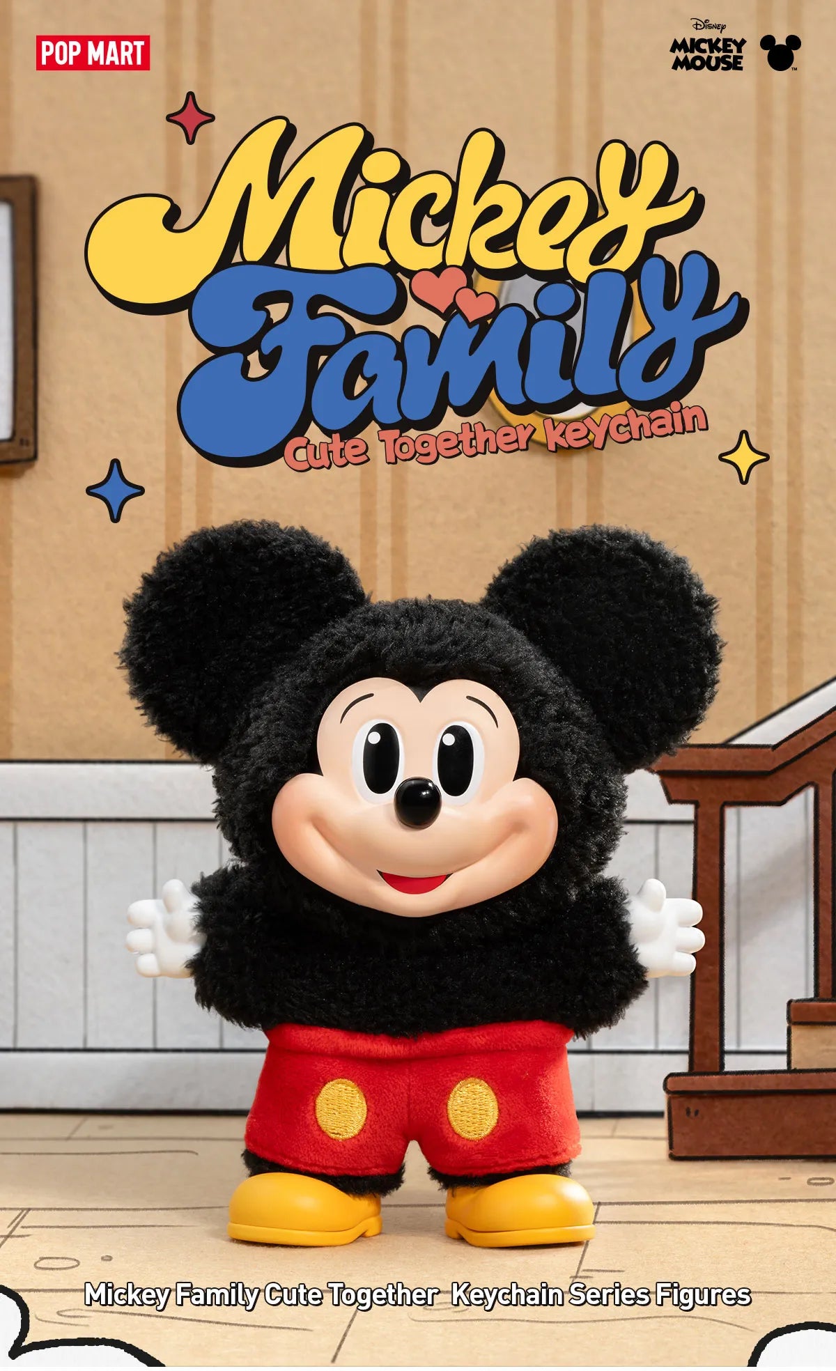 Ralphie's Funhouse POPMART Mickey Family Cute Together keychain series figures in sealed blind box, featuring Disney-inspired characters.