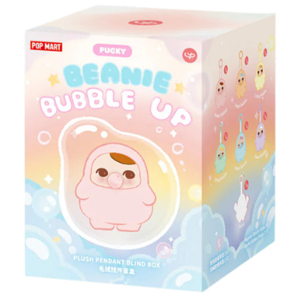 Sealed Popmart Pucky Beanie Bubble Up Series plush pendant blind box featuring a colorful, collectible plush toy from Ralphie's Funhouse.